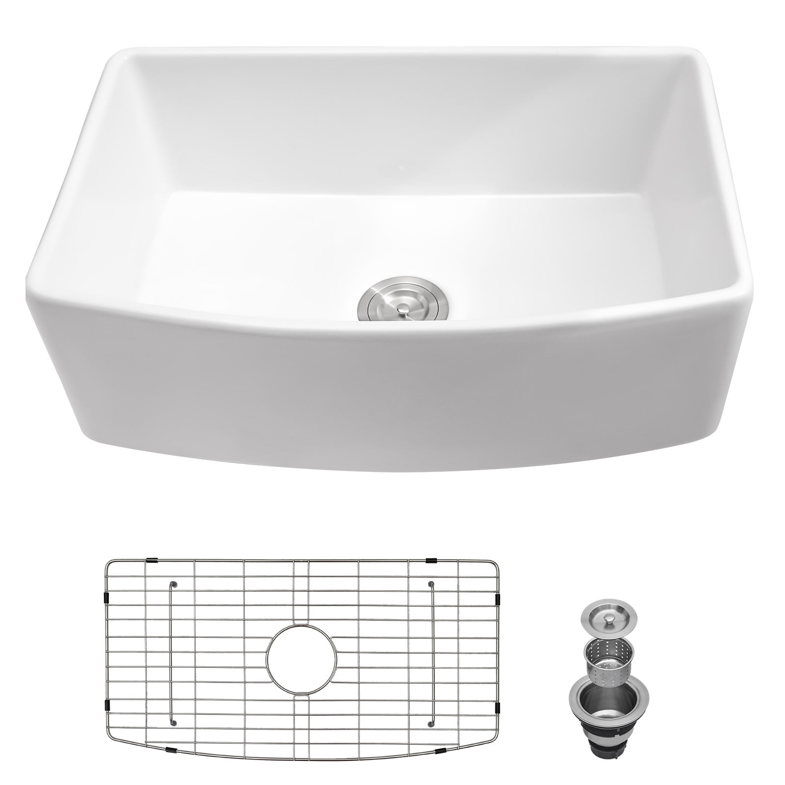 30" Ceramic Farmhouse Kitchen Sink Single Bowl with Bottom Grid and Drain Assembly