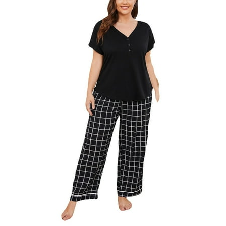 

Womens Summer Pajamas Set V Neck Short Sleeve Sleepwear Tops with Loose Long Pants Soft Pjs Set Nightwear Plus Size