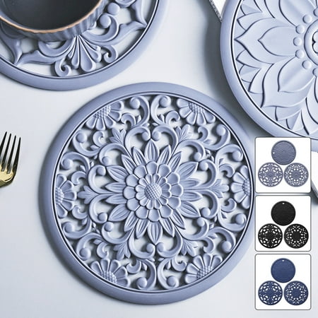 

Sutowe Silicone Trivet Mats 3Pcs Non-Slip Cup Mat Heat Insulation Bowl Placemat Decorative Round Hollow Dish Mat for Hot Dishes Pots Pans Teapot Black