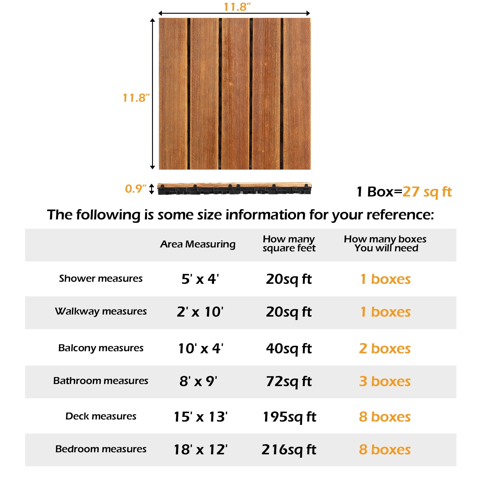 27pcs Wood Interlocking Deck Tiles 11.8"x11.8", Waterproof Flooring Tiles for Indoor and Outdoor, Patio Wood Flooring for Patio Porch Poolside Balcony Backyard, Stripe Pattern