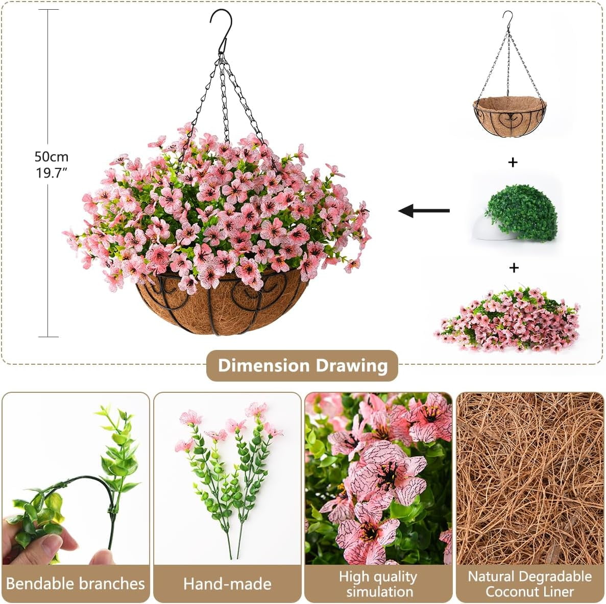 Artificial Hanging Flowers for Outdoor Indoor Spring Decor,Faux Silk Flower Arrangement,6 Branches Daisy with 12 Inch Coconut Lining Chain for Garden Decoration(Purple White Rose)