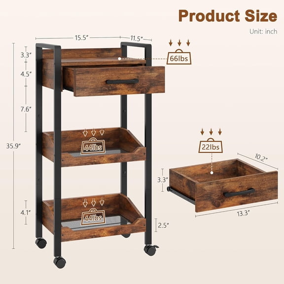 3-Tier Rolling Storage Cart with Drawer, Metal Frame Kitchen Utility Organizer for Small Spaces