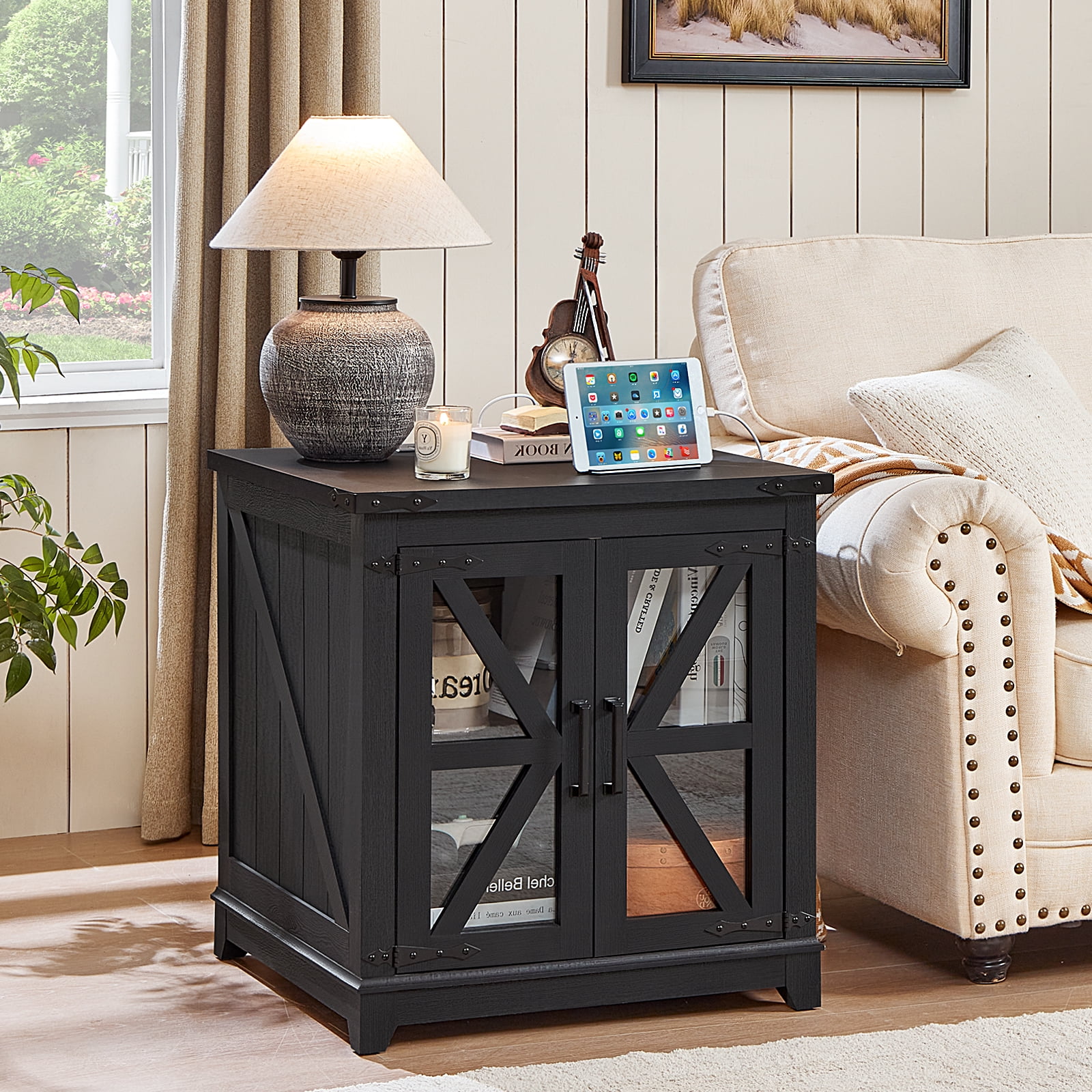 Side Table with Charging Station, End Table with Storage Night Stand with USB Ports and Outlets Small Wooden Cabinet for Living Room and Bedroom Espresso, Black