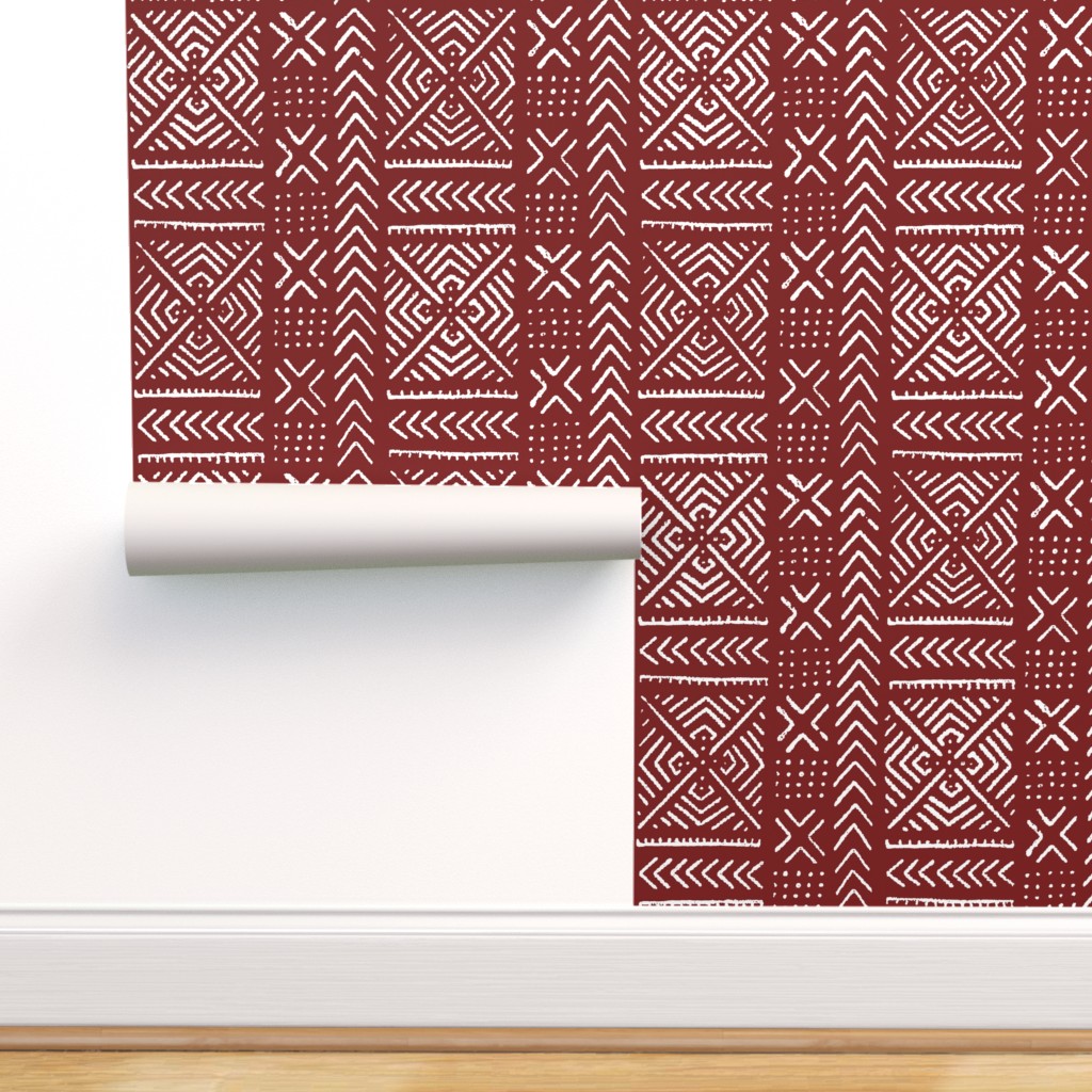 Peel & Stick Wallpaper 9ft x 2ft - Line Mud Cloth Maroon Large Africa