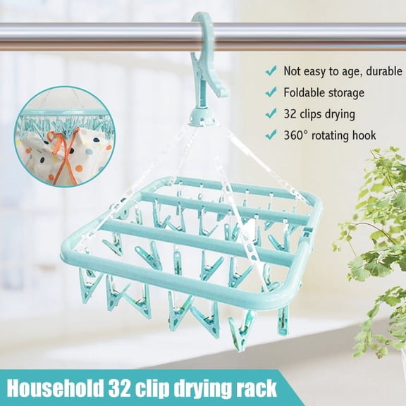 Amerteer Windproof 32-Clip 1-Tier Clothes Drying Rack with Hook, Blue