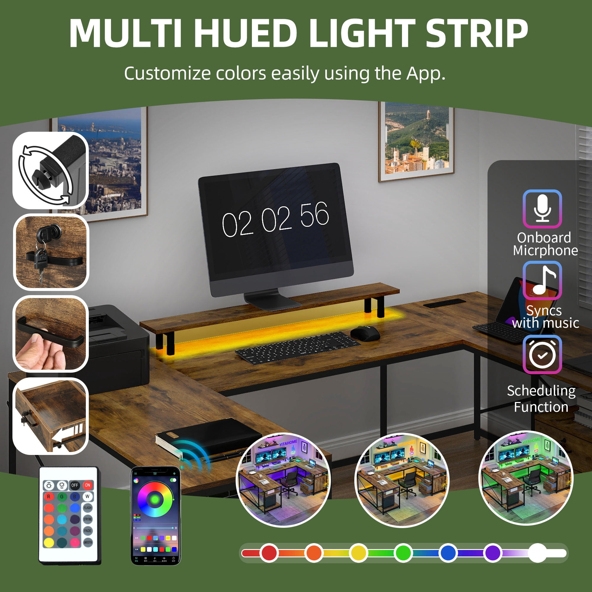 Uforic U Shaped Computer Desk with Power Outlets and LED Lights, Reversible L Shape Desk for Home Office, Brown