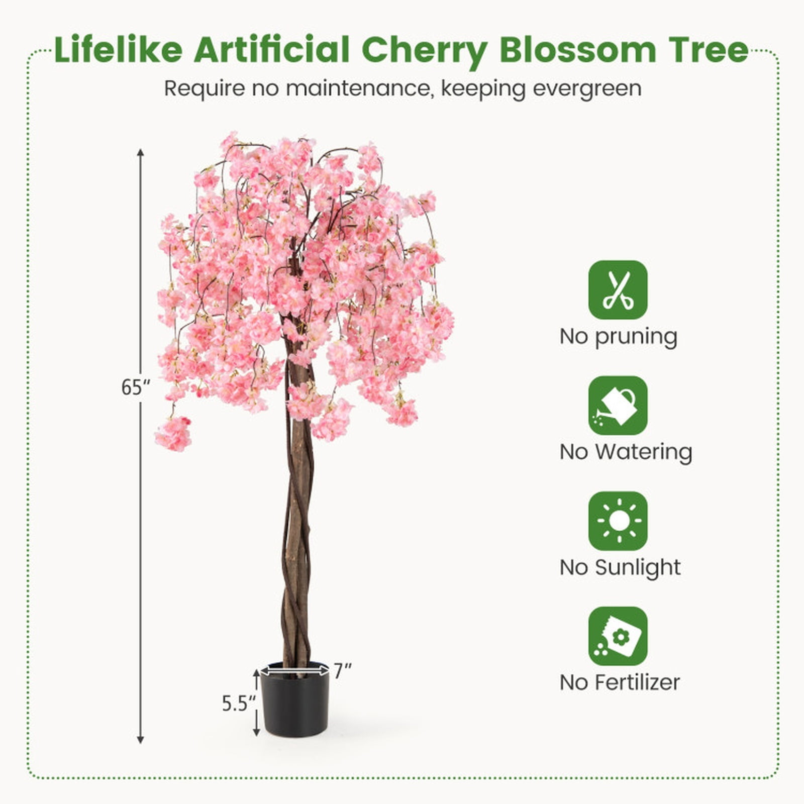 Vebreda Artificial Plant Decor, 5.5 FT Tall Artificial Cherry Blossom Tree with Pink/White Flowers 2 Pack, Realistic and Charming Appearance