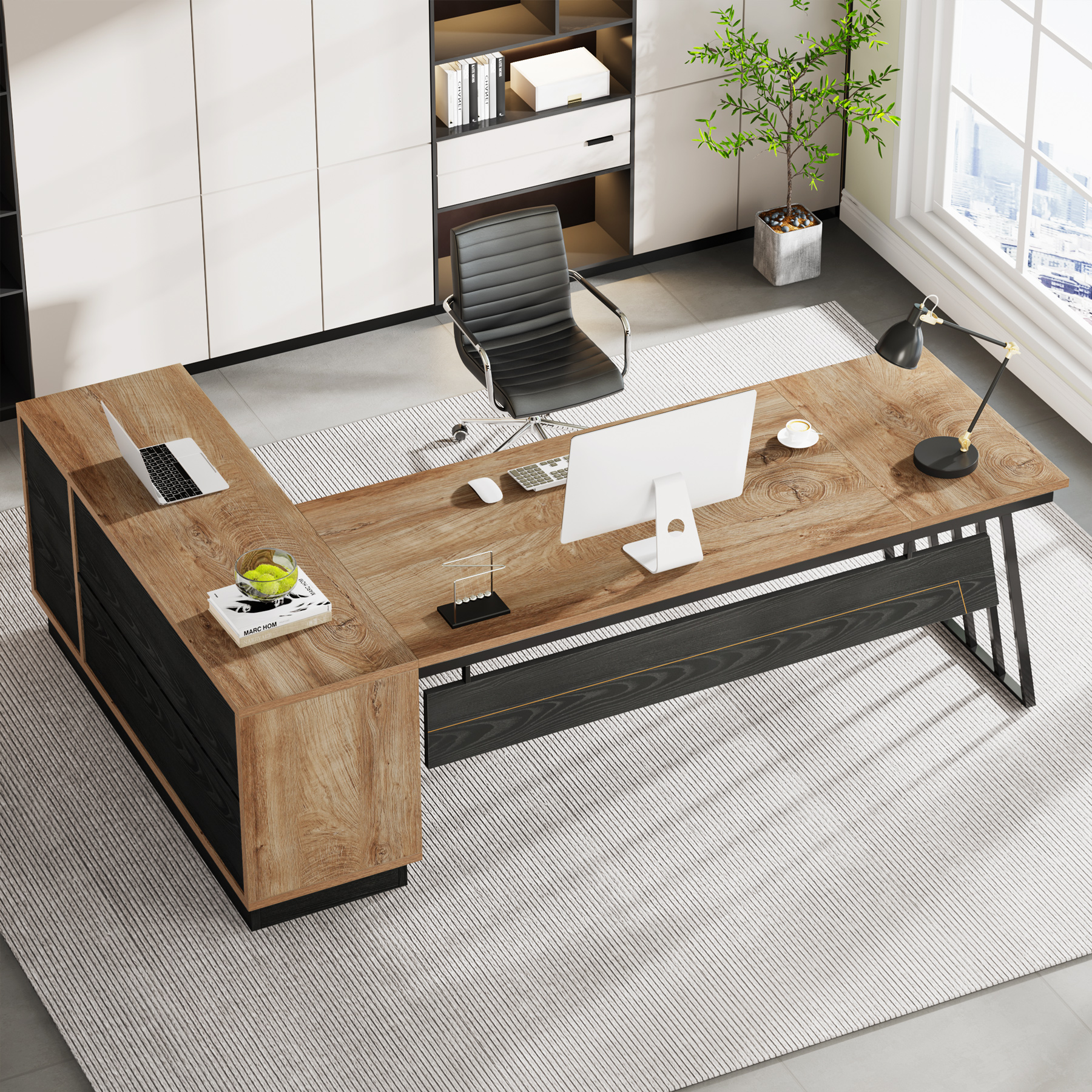 71-Inch L-Shaped Executive Desk, Large Office Desk with Cabinet and Shelves, Oak and Black