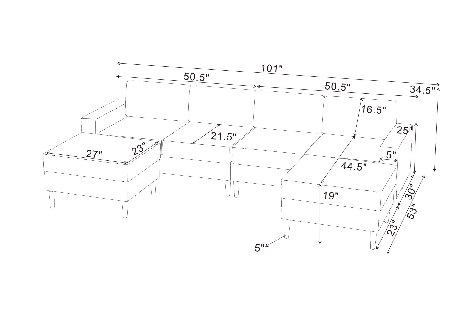 DEALTOPS 101" U-Shaped Modular Sectional Sofa with 2 Ottomans, Corduroy 4-Seater Cloud Couch for Living Room, Dark Gray