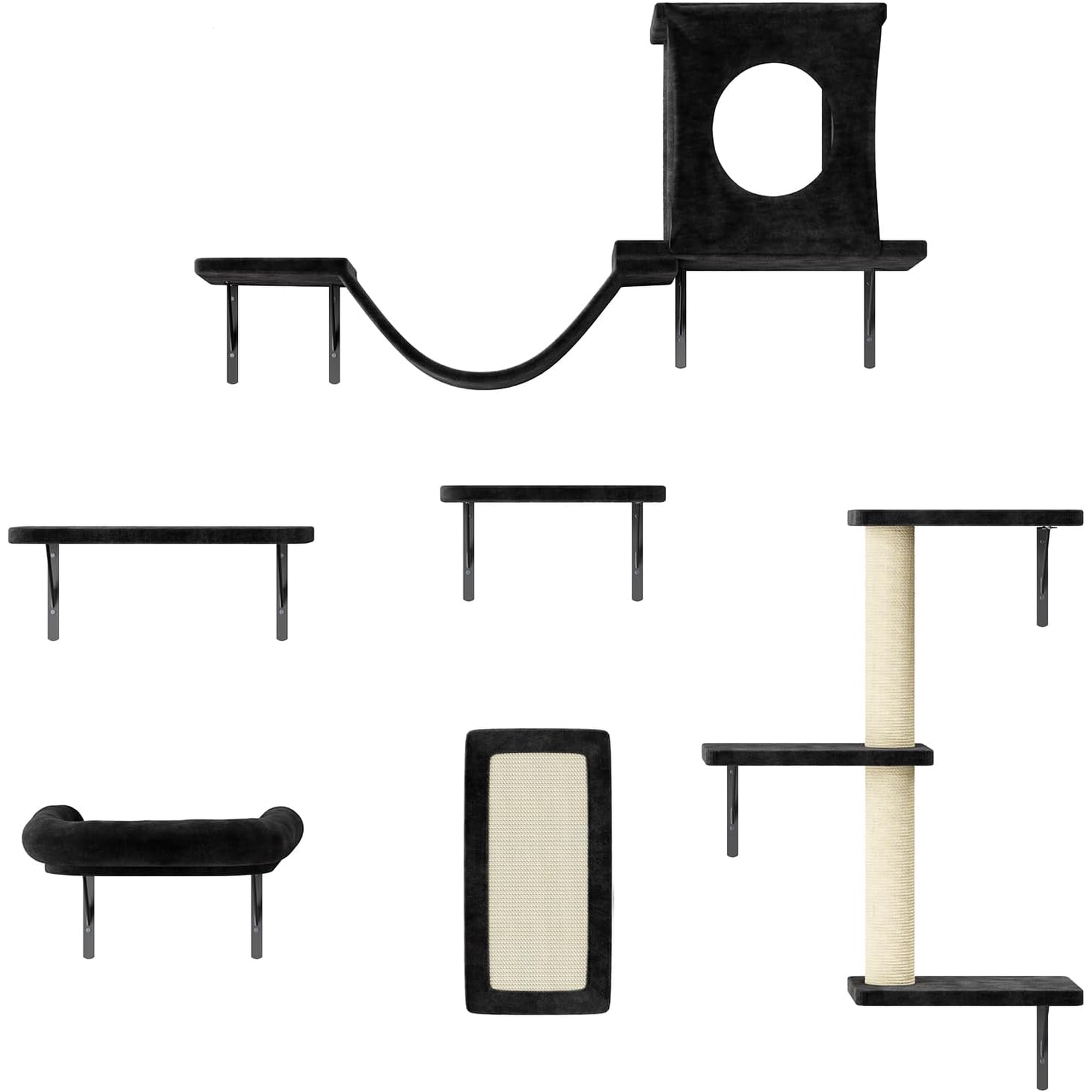 Cat Wall Shelves 6 Pcs Luxury Wall-Mounted Cat Climber Set Indoor Cat Furniture with 1 Condos House 2 Cat Wall Shelves 1 Scratching 1 Bridge Ladder 1 Scratching Pad Black