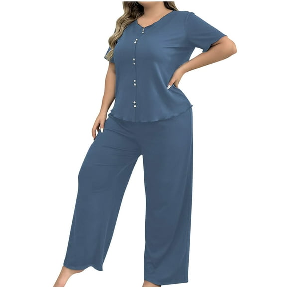 Posijego Women's Plus Size Pajama Sets Summer Casual Short Sleeve Tops and Pants Pjs Loungewear