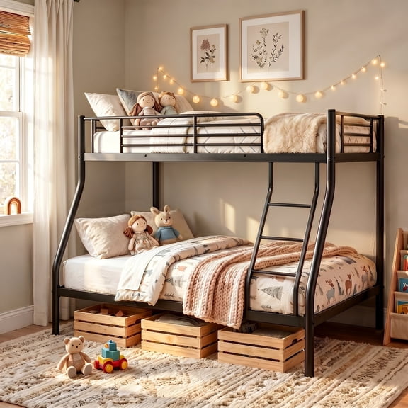 UIOWIO Twin over Full Metal Bunk Bed with Stairs & Storage, Heavy Duty Bed Frame for Adults & Teens, No Box Spring Needed, Black