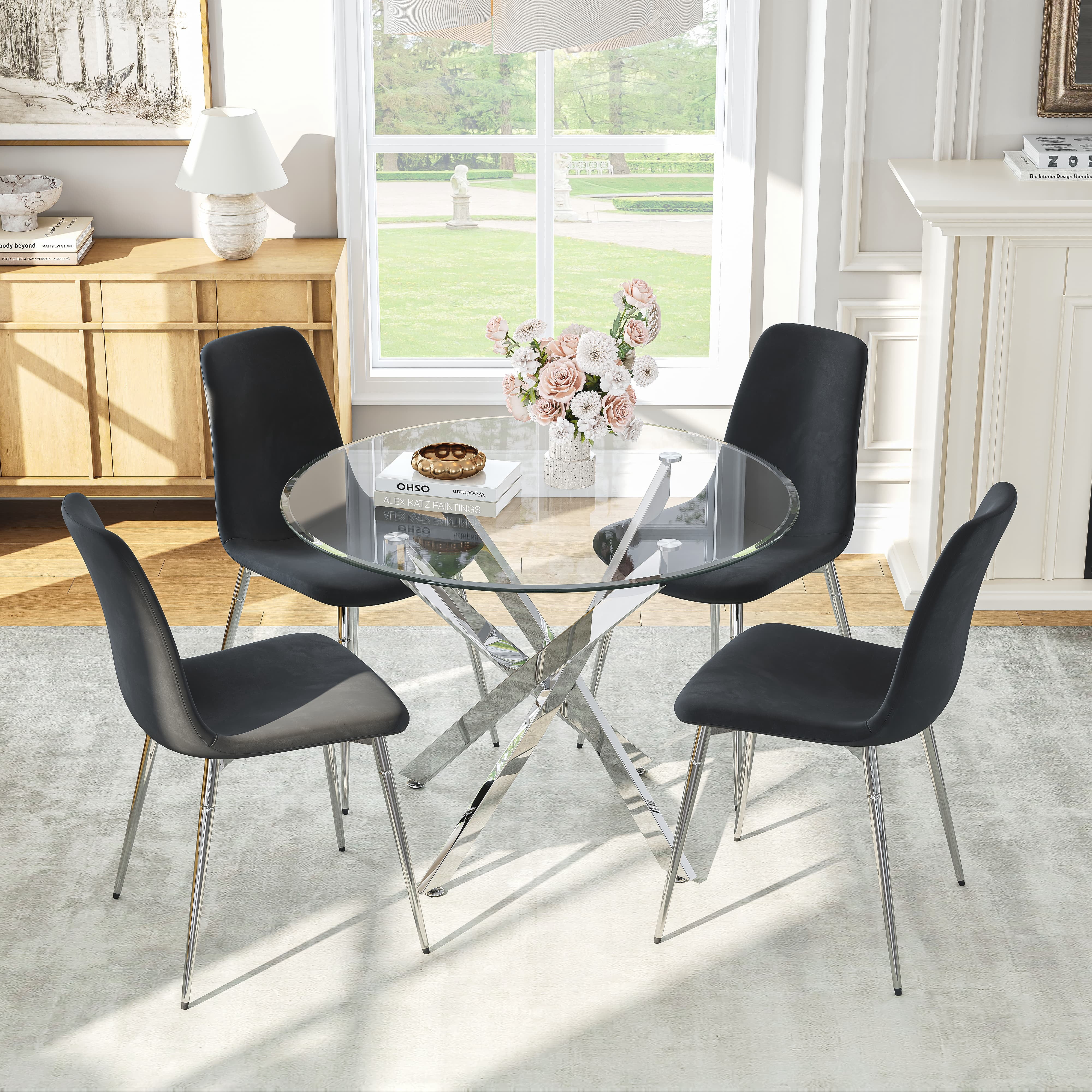 5-Piece 36" Round Glass Dining Set, Clear Tempered Glass Table & 4 Velvet Chairs with Stainless Steel Legs for Kitchen, Meeting Room