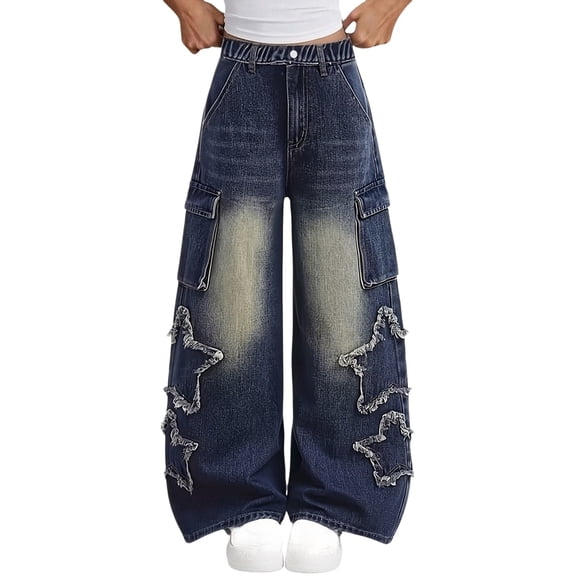 GiLiling Girls Baggy Vintage Cargo Jeans High Waist Wide Leg Elastic Waist Y2k Aesthetic Denim Pants Casual Wear Star Embroidery (Blue, 3-4 Years)