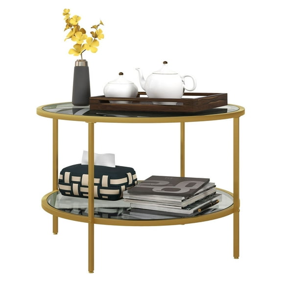 SAZYY Modern 2-Tier Round Side Table, Tempered Glass Top & Steel Frame Sofa End Table for Small Spaces, Living Room