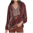thumbnail image 2 of Women Retro Velvet Long Sleeve V Neck Shirt Blouse Tops Traditional Ethnic Style Pattern Vintage Loose Henley Tshirts, 2 of 7