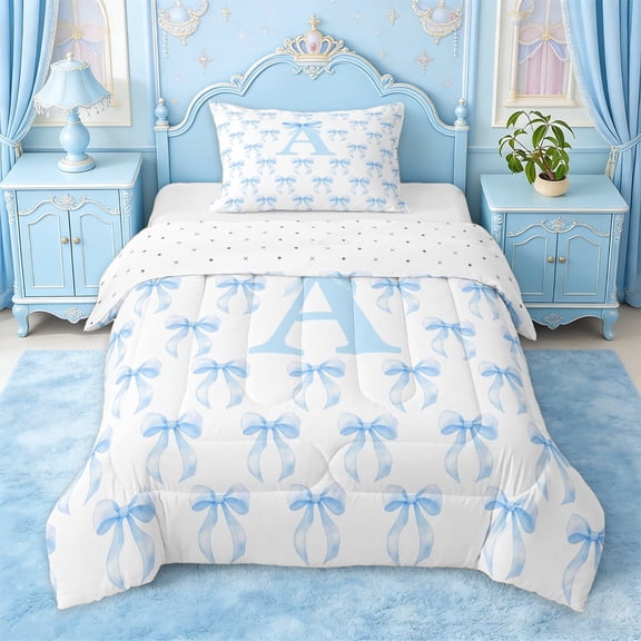 Erosebridal Ribbon Bow Twin Comforter Sets For Girls,Blue Bowknot Letter A Initial Bedding Set,Reversible,2 Pieces