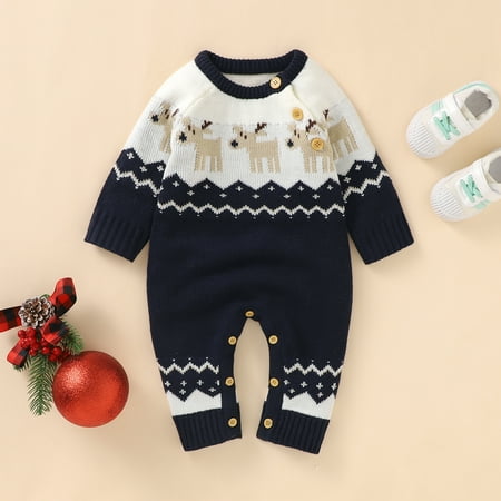 

Christmas Baby Romper Knitted Newborn Girl Boy Jumpsuit Fashion Cute Cartoon Elks Infant Xmas Clothing Long Sleeve Winter Overalls 0-24M