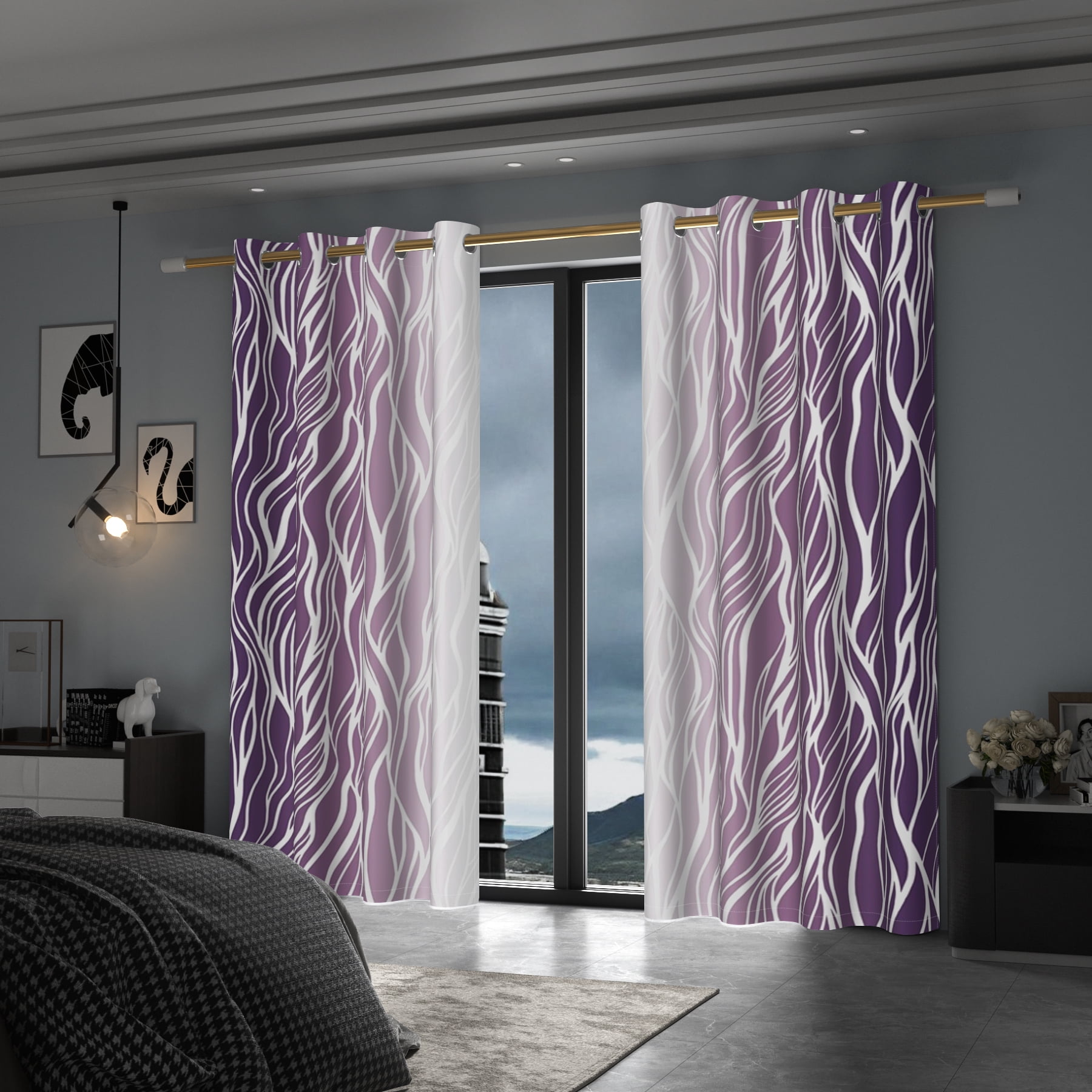 Lfeey Gradient Stripe Blackout Curtains, Grommet Curtains for Modern Living Room Bedroom, Purple White Ombre, 42x72 inch