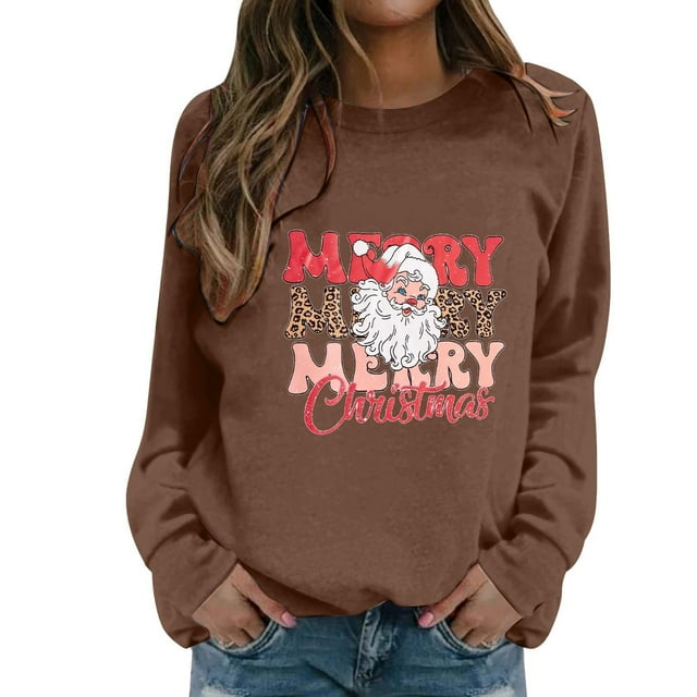 Fiaer Chandails de Noël pour Femmes, Graphique du Père Noël, Col Rond, Manches Longues, Chandail, Fêtes de Noël, Grande Taille, Tendance, Coupe Ample, Hauts, Brun, P