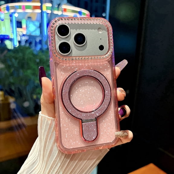 ArtCaseLab iPhone 17 Pro Max Magnetic Phone Case with MagSafe Compatible Glitter Design, Rhinestone Camera Frame Kickstand, Shockproof Sparkle Protective Cover, Pink