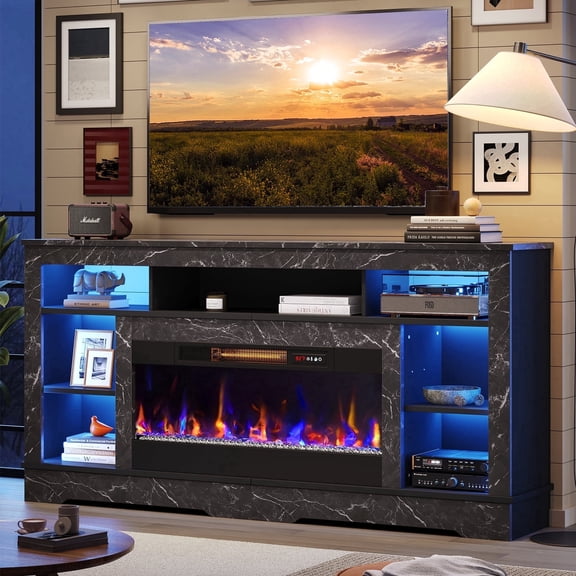 Bestier 71" Fireplace TV Stand with 36" Electric Fireplace, LED Lighting, and Storage Entertainment Center Console Table for TVs up to 80", Black