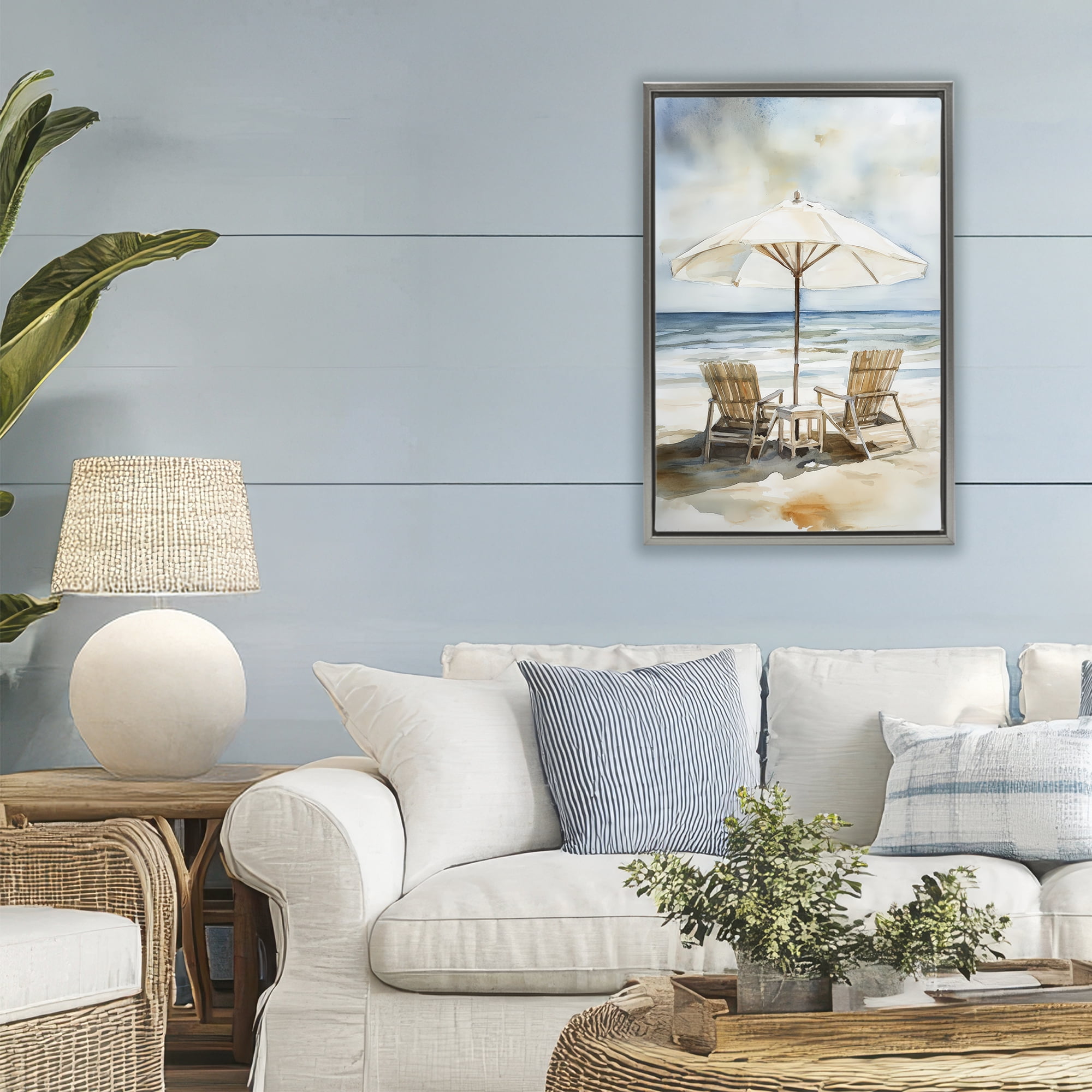 Stupell Industries Watercolor Paradise Beach Scene Gray Framed Floater Canvas Wall Art, design by Petal Prints Design