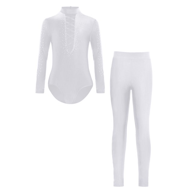 Manyakai Justaucorps de Gymnastique à Manches Longues avec Strass pour Garçons, Haut Classique Unitard Tango Samba Rumba Dancewear Blanc 16