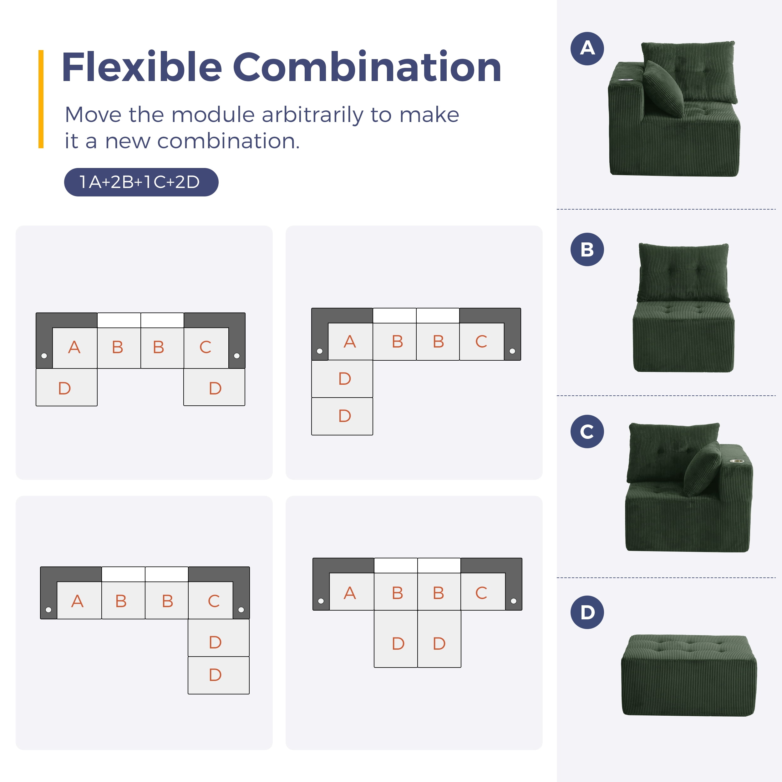 BYBYME Cloud Sectional Couch with U-Shape Chaise Modern Comfy Modular Corduroy Sofa for Living Room,Tufted 6-Seat Sleeper Chair with 2 Ottoman,Sofa in A Box,No Assembly Required,Green