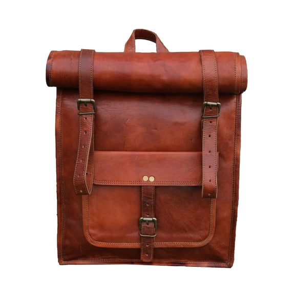 Jaald 23" Leather Backpack Vintage Rucksack Laptop Bag Mens Weekender Bag Women Roll Top Backpack Purse Travel Hiking College Bookbag