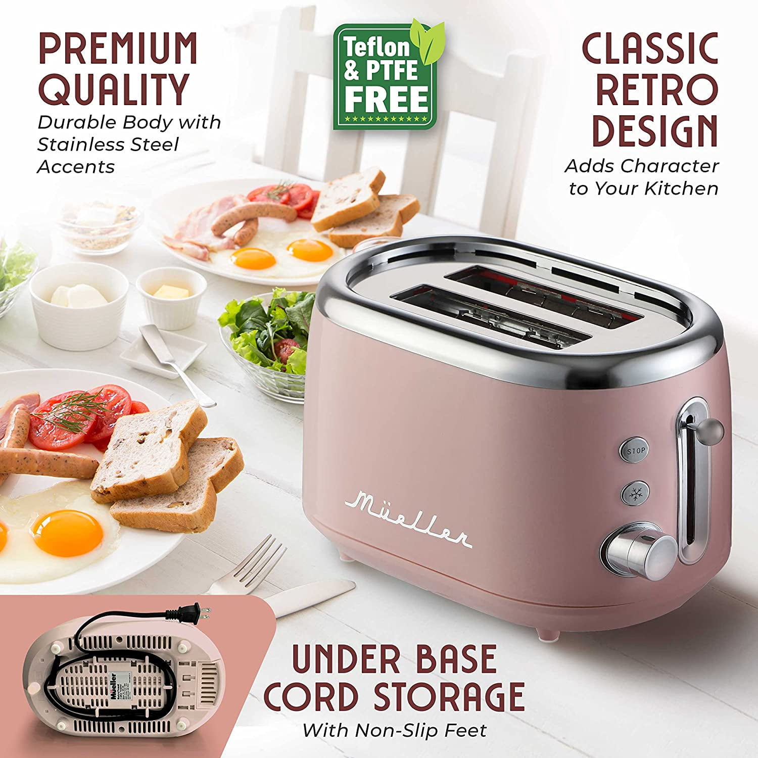 MÜELLERHOME Retro Toaster 2 Slice, 7 Browning Levels, 3 Functions (Reheat, Defrost, Cancel), Stainless Steel Features, Removable Crumb Tray, Under Base Cord Storage, Pink Kitchen Accessories Décor