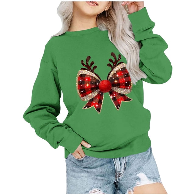 Chemises de Noël Garçons Filles à Carreaux Nœud Papillon Chandails en Molleton Graphiques Col Rond Manches Longues Chandail (2-3 Ans, Vert)