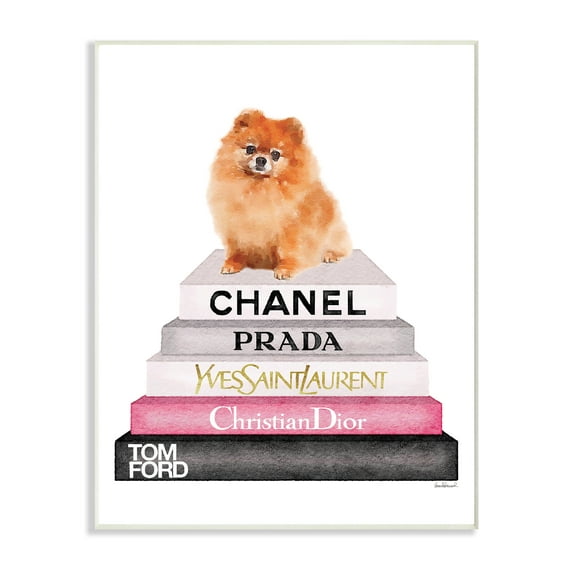 The Stupell Home Decor Collection Watercolor High Fashion Bookstack Pomeranian Dog Wall Plaque Art, 10 x 0.5 x 15