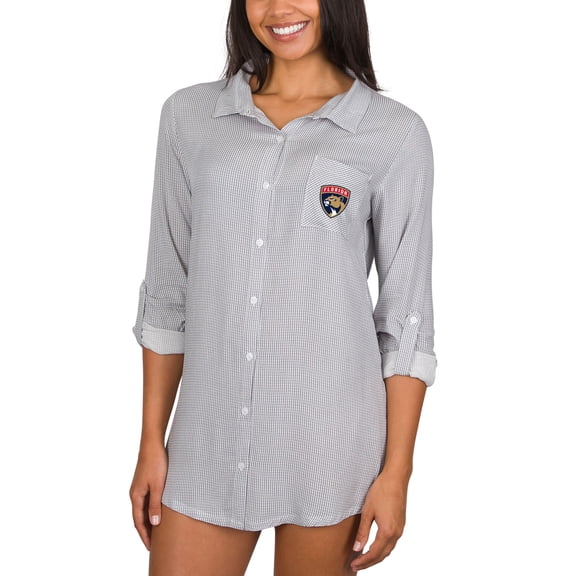 Women's Concepts Sport Gray/White Florida Panthers Melody Woven Button-Up Long Sleeve Nightshirt