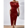 thumbnail image 6 of Women'S Off the Shoulder Asymmetrical Velvet Midi Dress Short Sleeve Ruched Elegant Party Dresses Wine Red L, 6 of 8