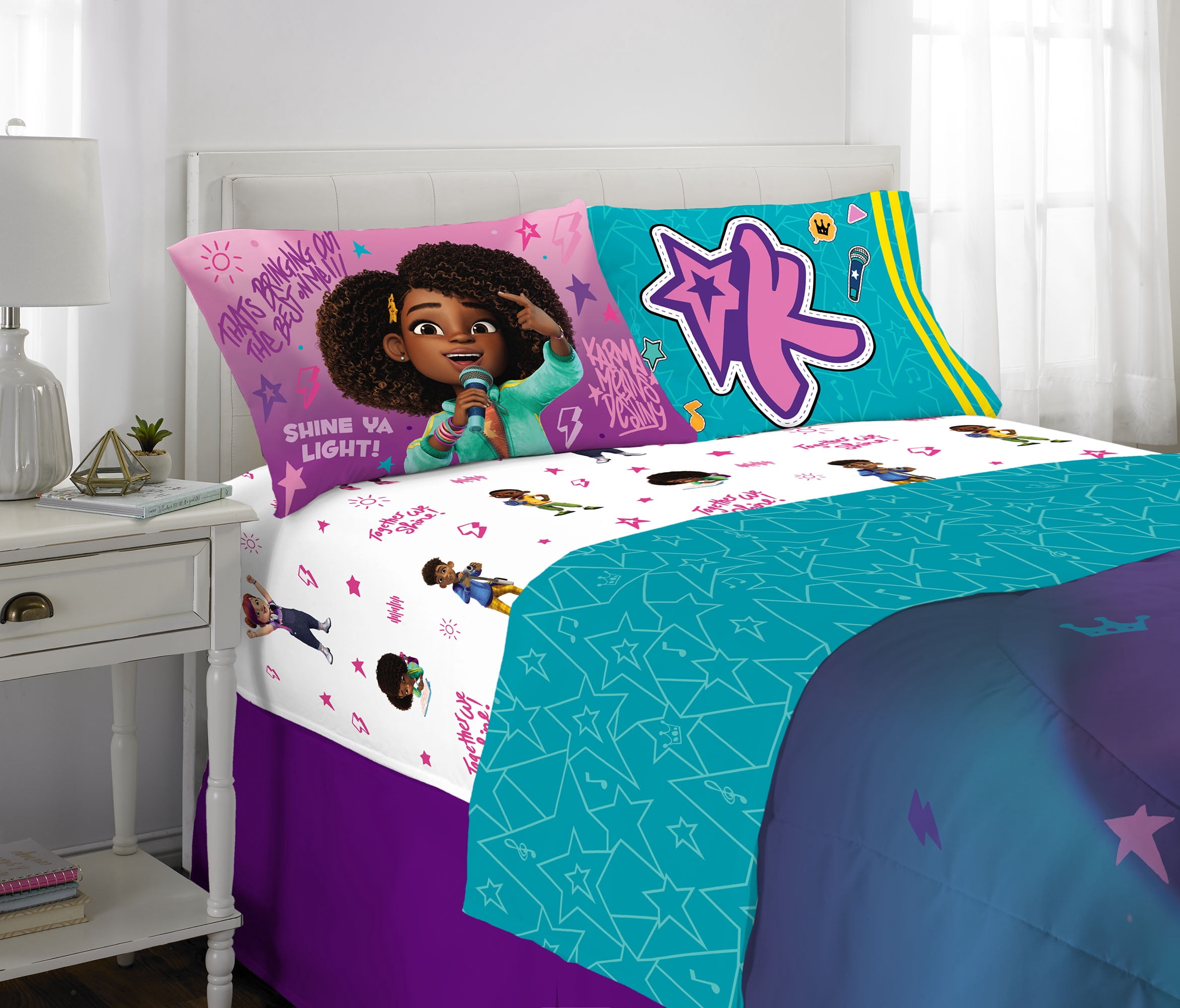 Karma's World Kids Full Bed in a Bag, Comforter and Sheets, Purple and Teal