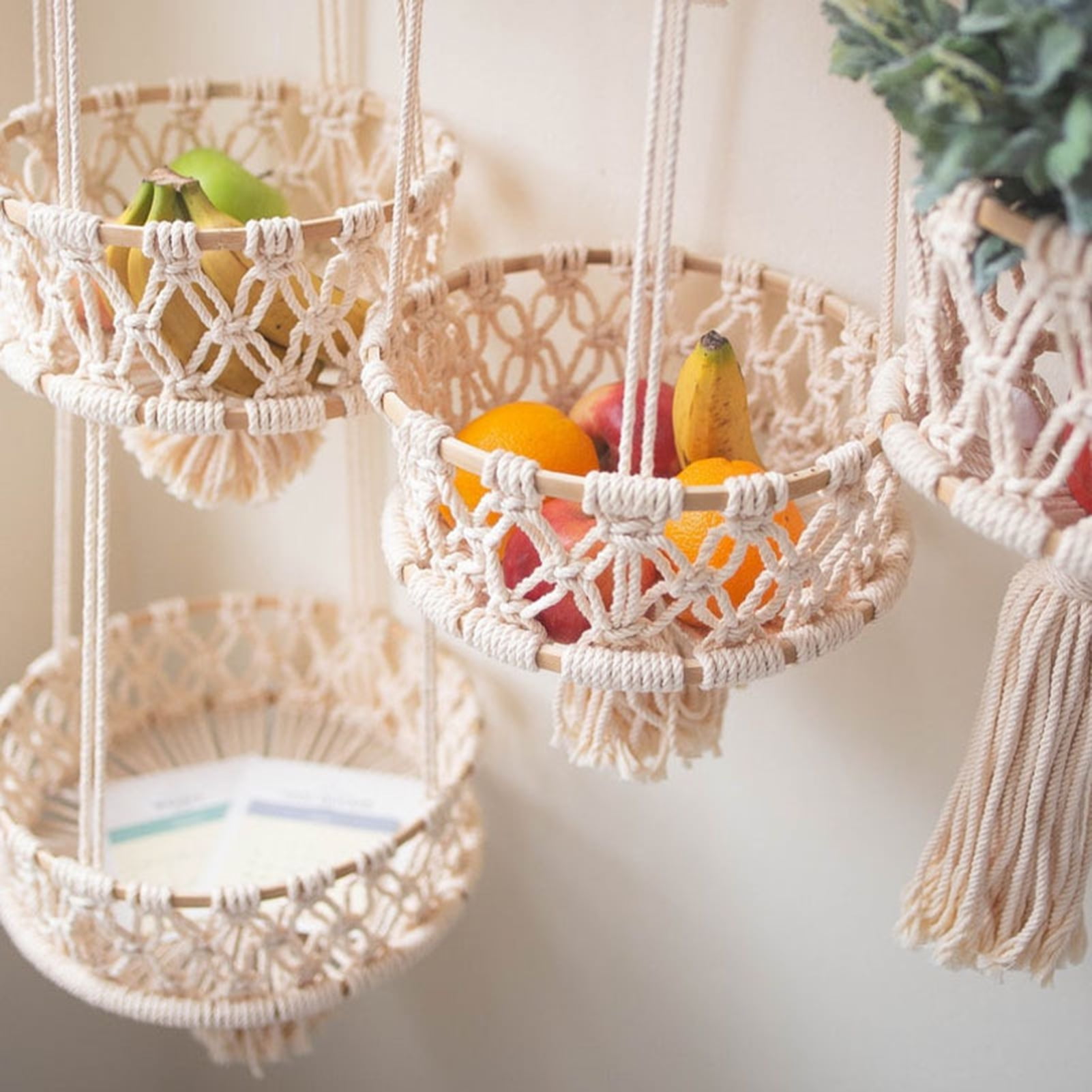 3 woven raffia decorative hanging pot holders with fruit