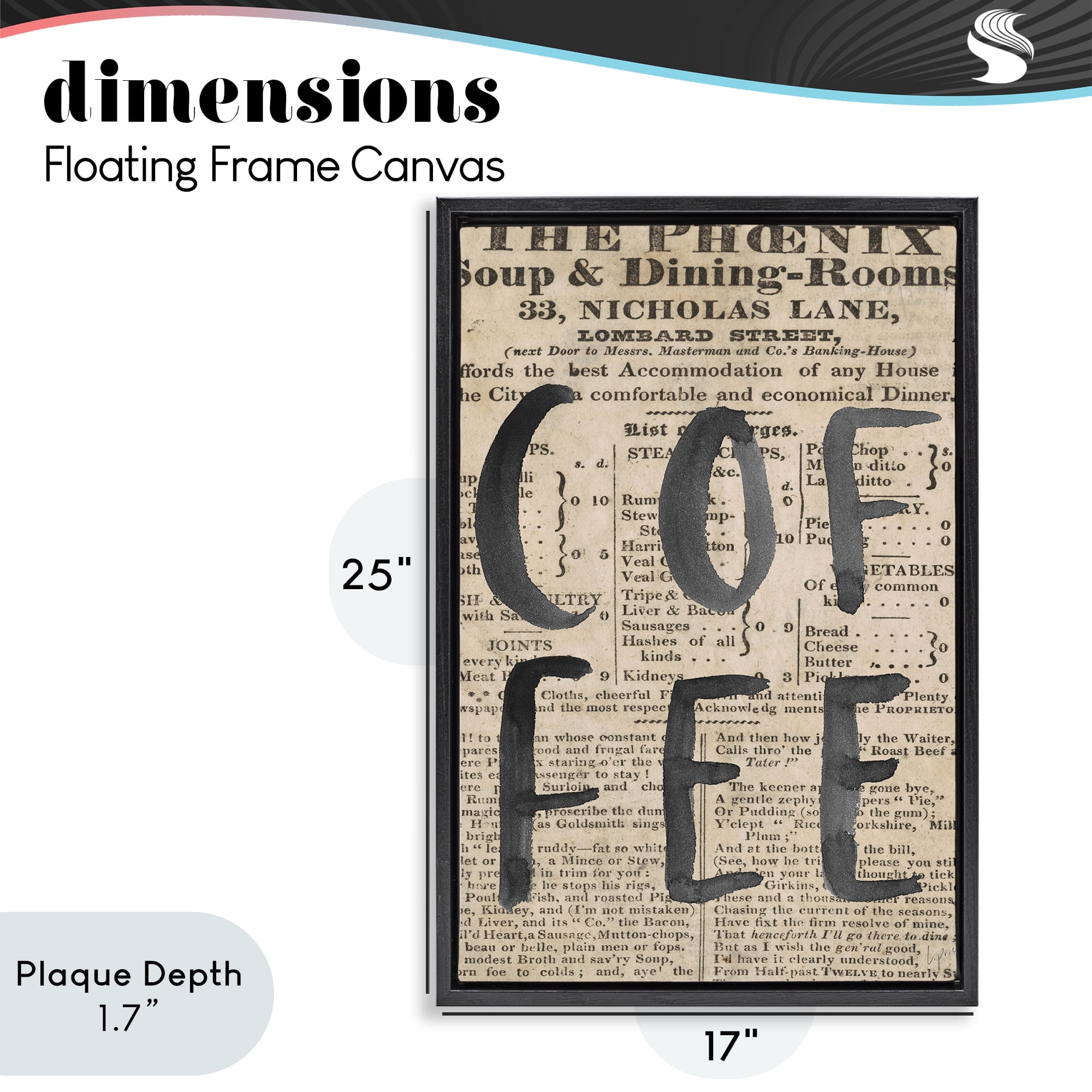Stupell Industries Vintage Coffee Newspaper Black Framed Floater Canvas Wall Art, design by Lucille Price