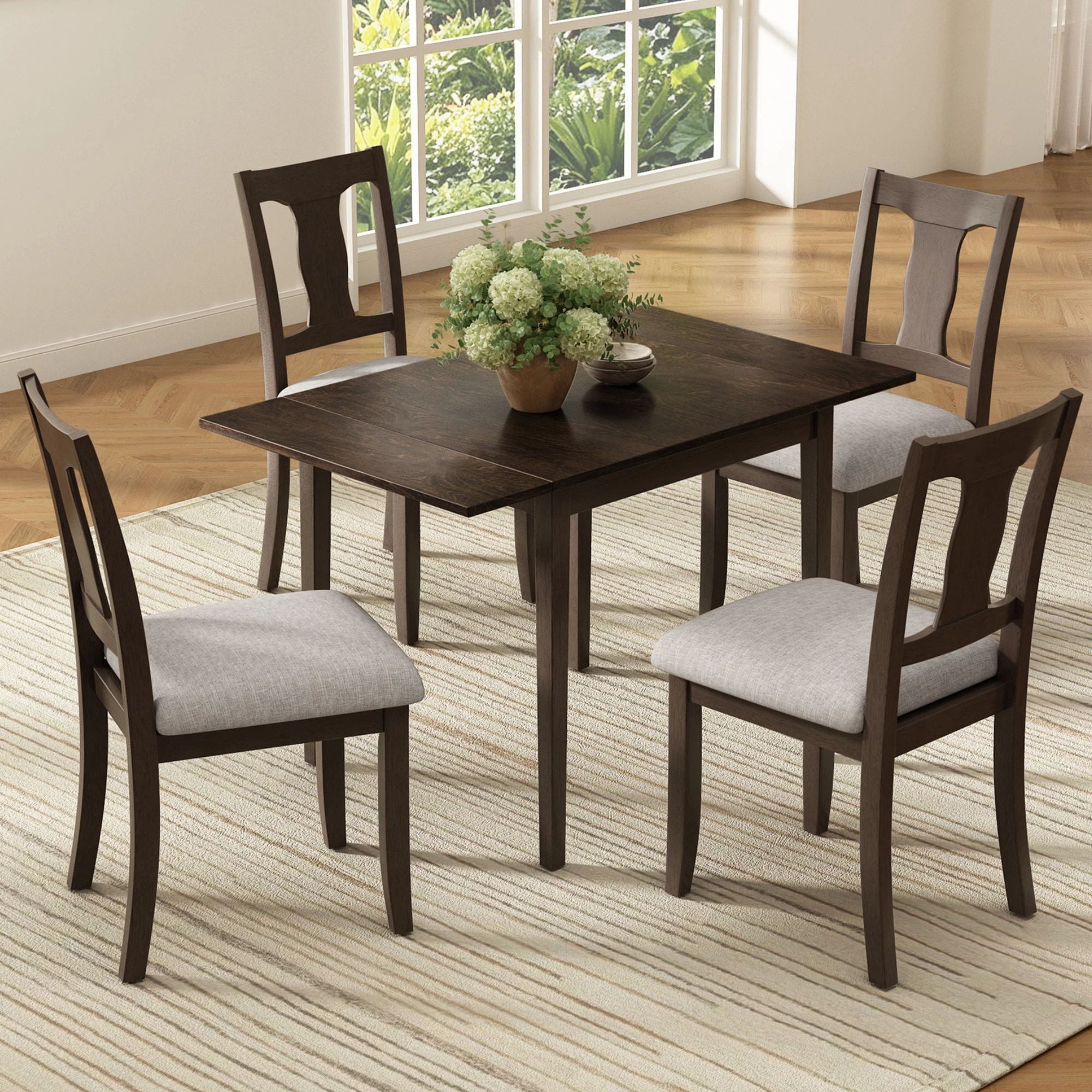 Euroco 5-Piece Dining Table Set for 4, 45.67" Extendable Kitchen Table Set with Drop Leaf and 4 Upholstered Chairs,Dining Room Set for Small Space,Espresso