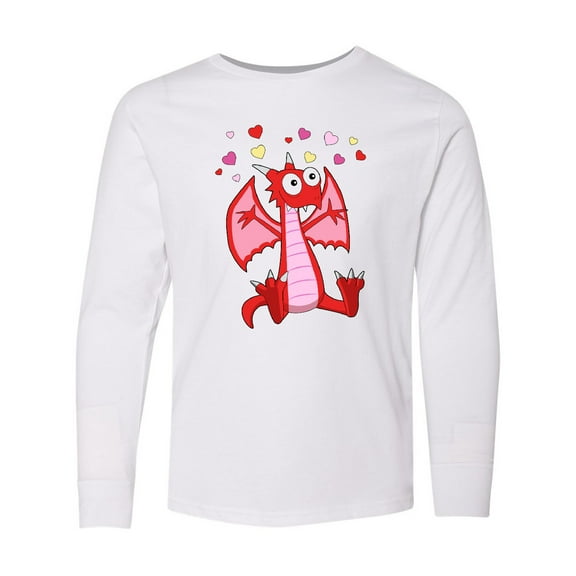 Inktastic Happy Valentine Cute Red Cartoon Dragon with Hearts Long Sleeve Youth T-Shirt