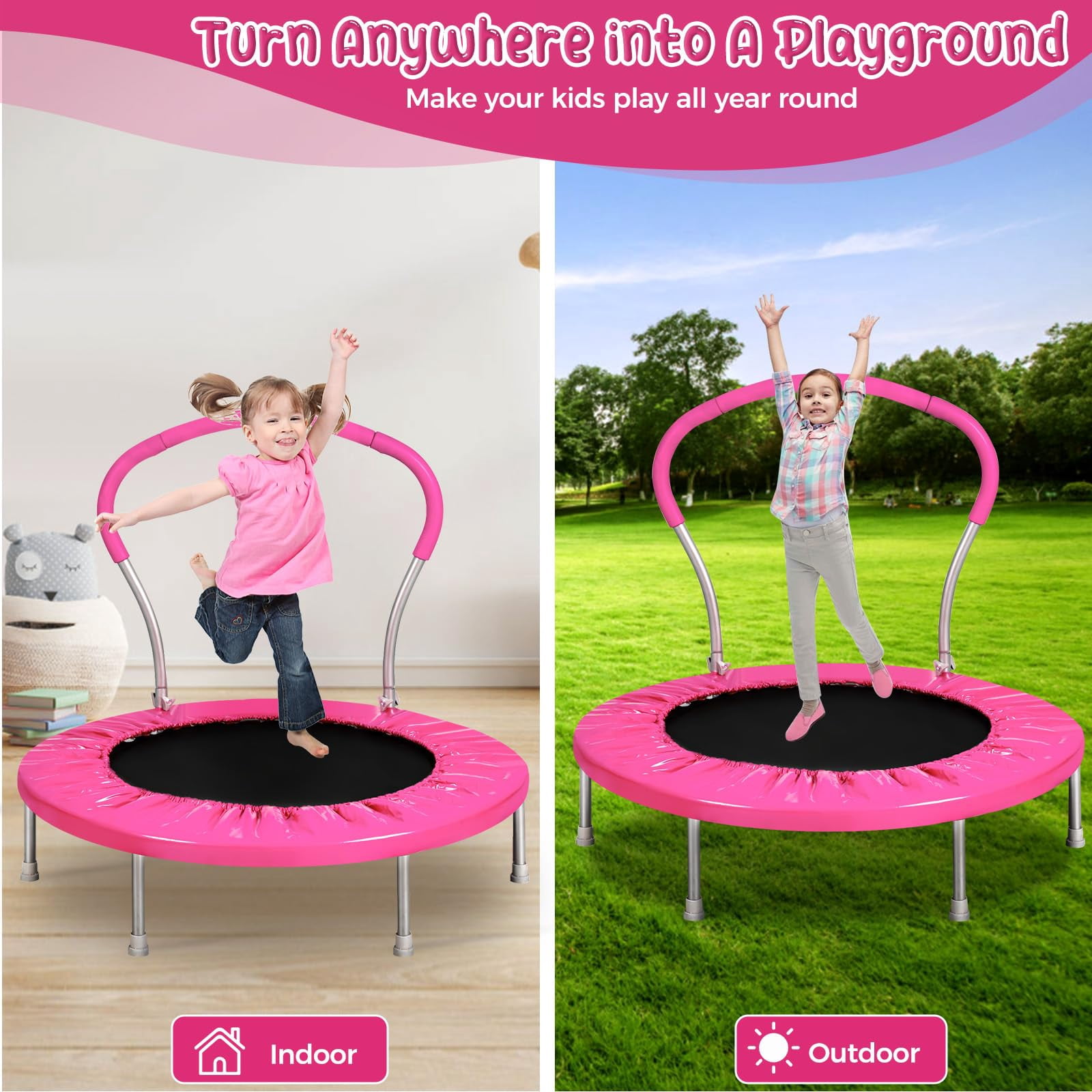 JOYFULIN 36" Trampoline for Kids, Mini Indoor/Outdoor Toddler Trampoline with Handle, Small Rebounder, Fitness Gift for Baby, Girls, Boys, Pink