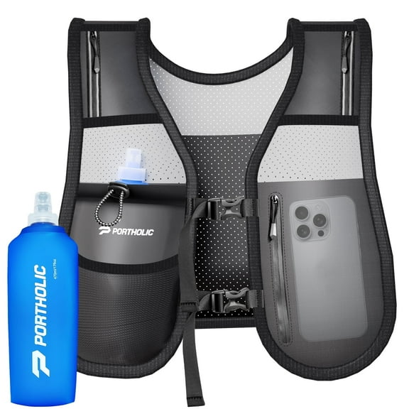 PORTHOLIC Running Vest for Women Men with 500ml/17oz Water Bottle |Adjustable Hydration Vest|Reflective |Lightweight |6 Pockets |Breathablefor Running Accessories for Hiking Running (Black,Large)