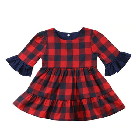 Buffalo Girl - Baby Girl Buffalo Red Plaid Ruffle Long Sleeve Christmas Cotton Dress (90/2-3 Years)