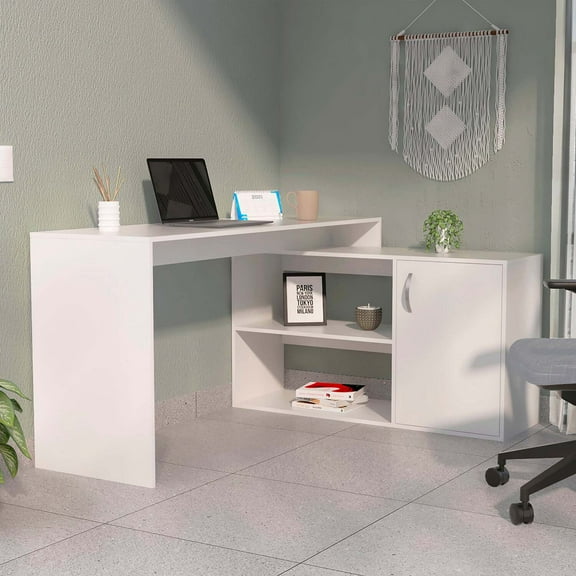 FM FURNITURE Dallas L-Shaped Home Office Desk, Two Shelves, Single Door Cabinet