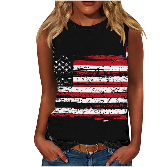 Lopecy-Sta Womens Tank Tops Crew Neck American Flag Print Sleeveless Tops Casual Patriotic Tees