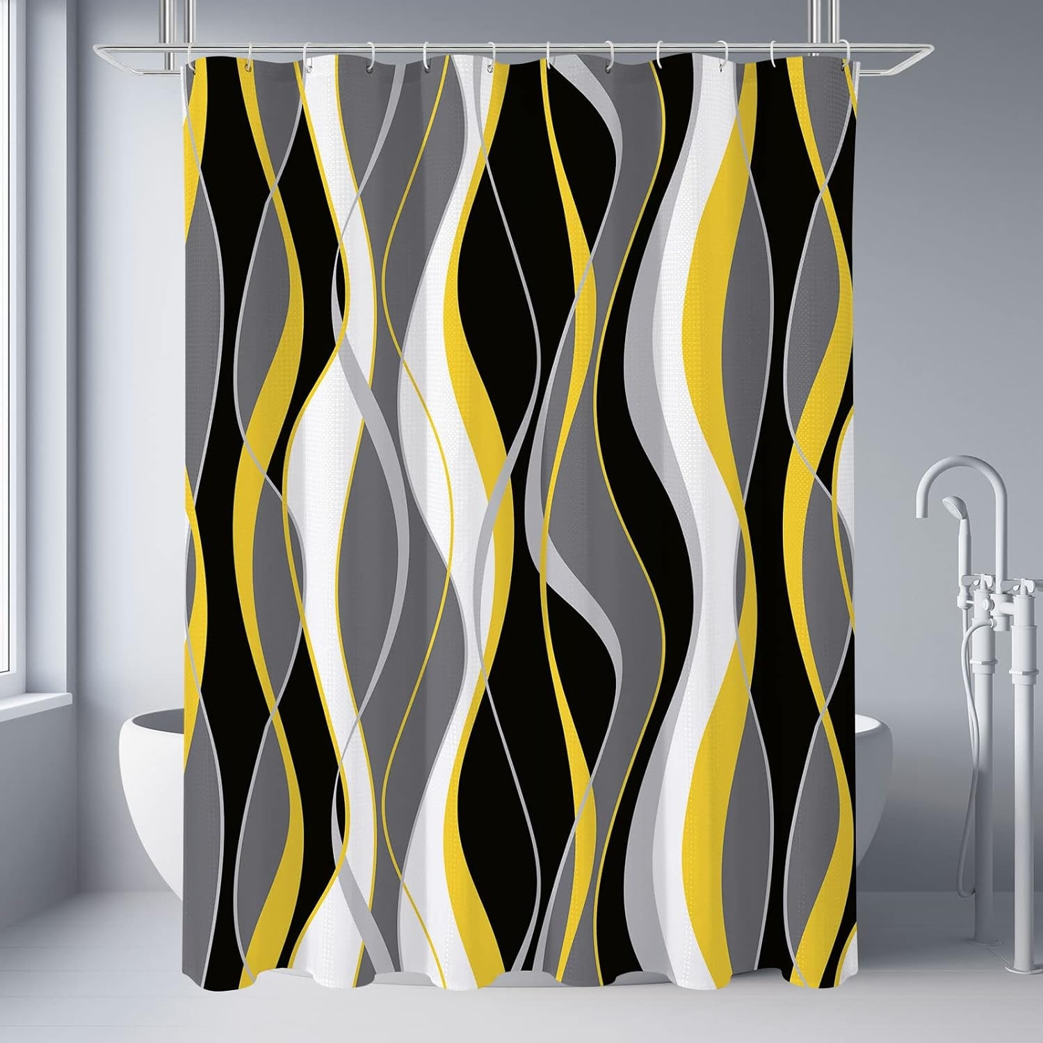 Black and Yellow Shower Curtain, Abstract Modern Grey and Yellow Bathroom Decor Accessories, Waffle Weave Textured Fabric Shower Curtain Set with Hooks, 72x72