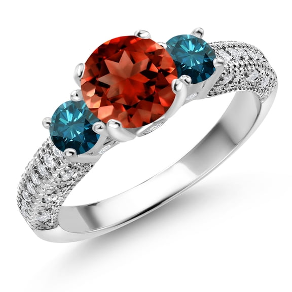 Gem Stone King 925 Sterling Silver Red Garnet Blue Diamond and White Moissanite Engagement Ring for Women (2.12 Cttw, Gemstone January Birthstone, Round 7MM and 4MM, Size 8)