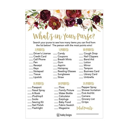 25 Floral Whats In Your Purse Bridal Wedding Shower or Bachelorette Party Game Item Cards Engagement Activities Ideas For Couples Funny Flower Rehearsal Dinner Supplies and Decoration Favor For (Best Dinner Party Guests)