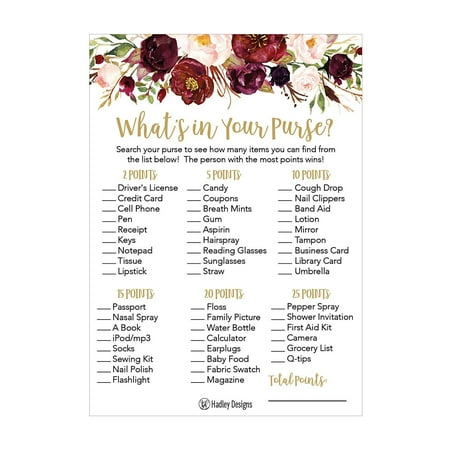 25 Floral Whats In Your Purse Bridal Wedding Shower or Bachelorette Party Game Item Cards Engagement Activities Ideas For Couples Funny Flower Rehearsal Dinner Supplies and Decoration Favor For (Best Rehearsal Dinner Favors)