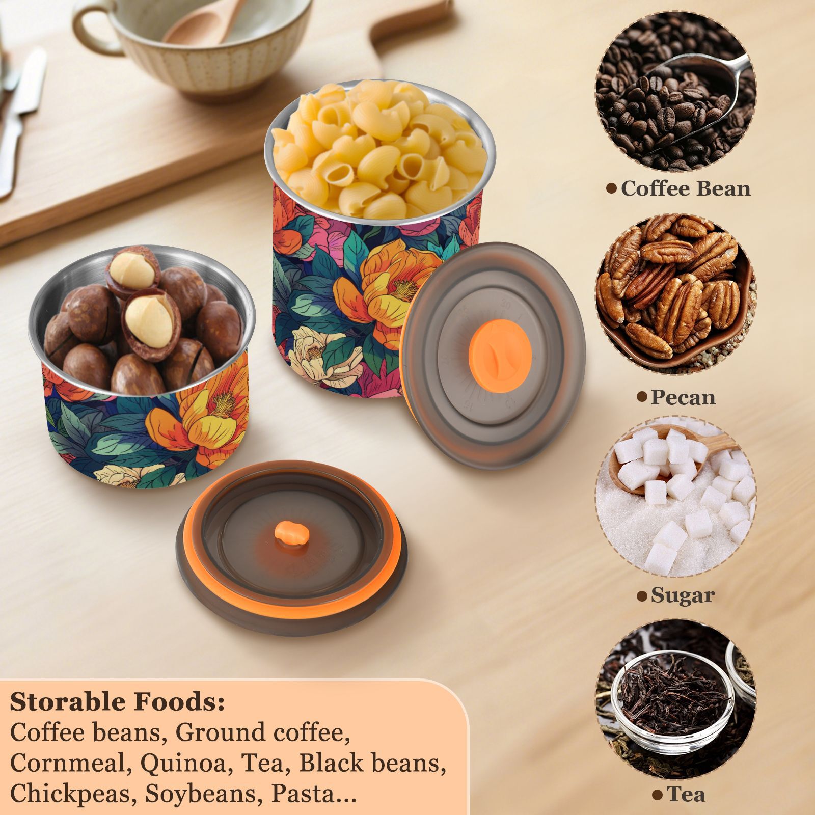 Colorful Peony Floral Airtight Coffee Bean Canister 30oz Food Storage Containers with Lids For Gournd, Tea, Sugar, Flour, Rice, Cereal, Candy Cookie Jar